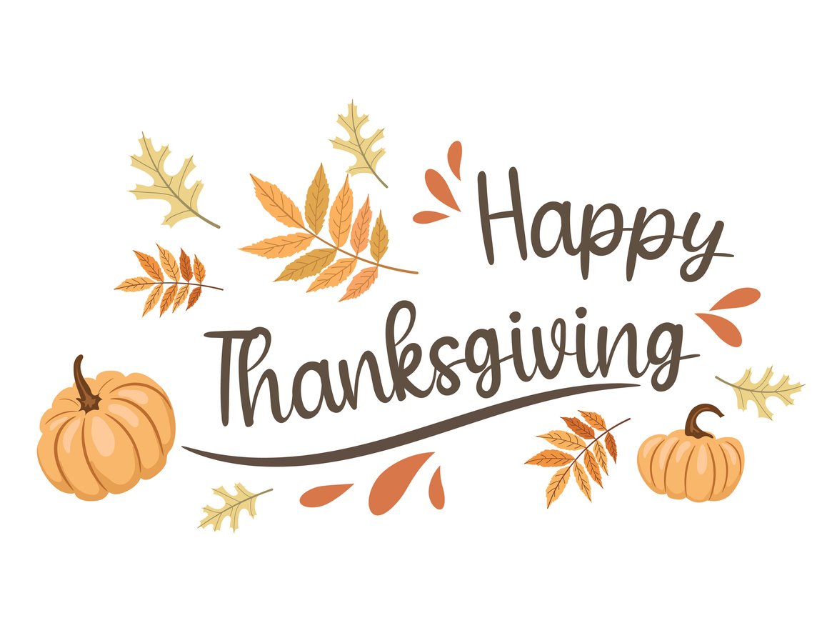 Fall Thanksgiving design elements with text and leaves on a transparent base. Flat colors.